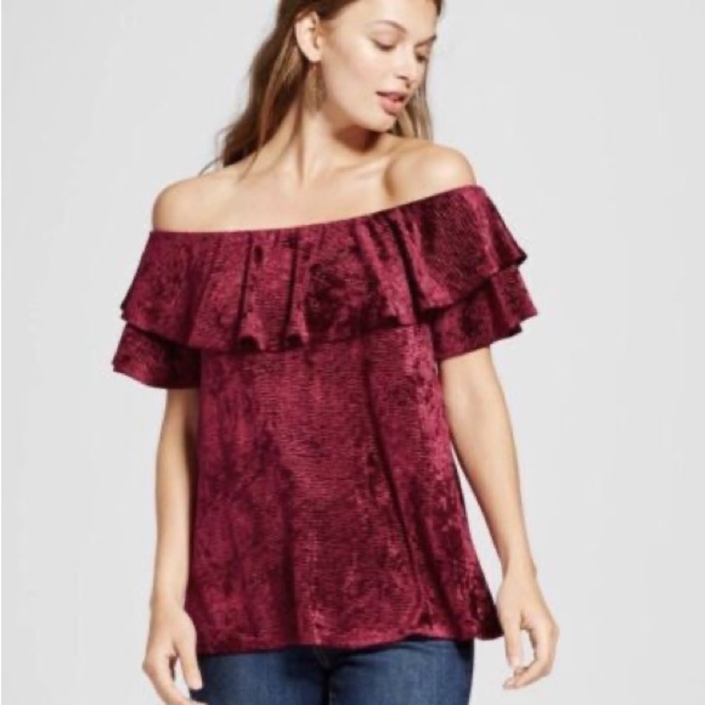 Knox Rose Burgundy Maroon Crushed Velvet Ruffle Off the Shoulder Top - Picture 12 of 12